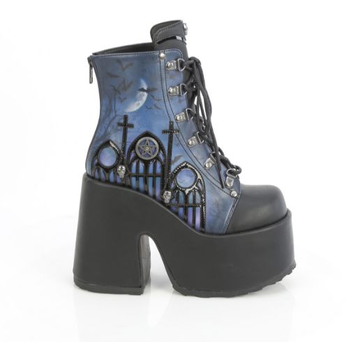 Product image of Demoniacult CAMEL-203-PT Blk Vegan Leather 5 Inch ChunkyHeel 3 Inch P/F Lace-Up Ankle Boot Metal Back Zip