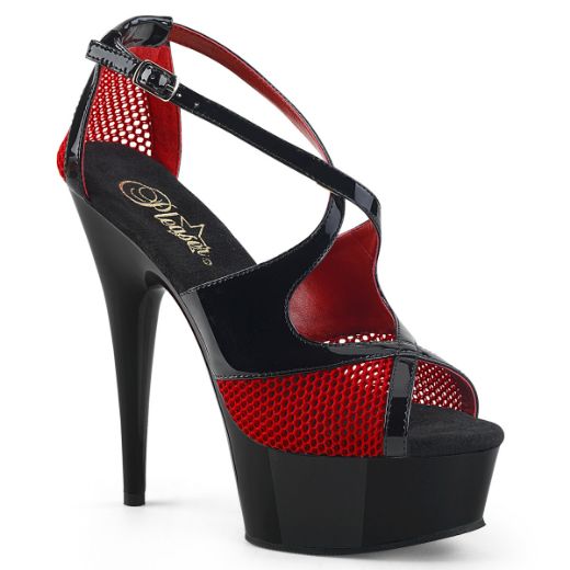 Product image of Pleaser DELIGHT-652-1 Blk Pat-Red Fishnet/Blk *6 Inch Heel 1 3/4 Inch PF Two Tone Peep Toe Criss-Cross Sandal