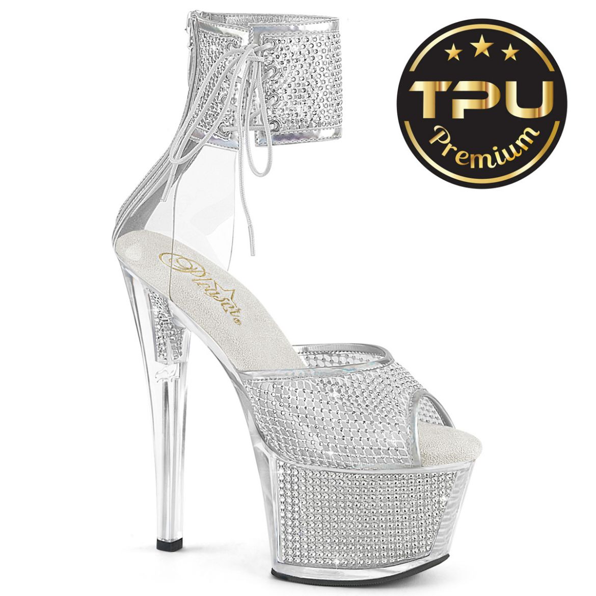 Product image of Pleaser SKY-324PREM-RSNT Clr TPU-Slv RS/Slv SRS 7 Inch Heel 2 3/4 Inch PF Ankle Cuff Sandal w/RS Back Zip
