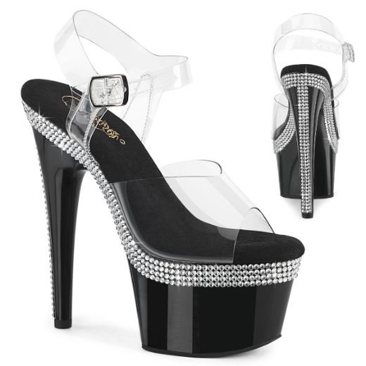 Product image of Pleaser ADORE-708MLS Clr/Blk 7 Inch Heel 2 3/4 Inch PF Ankle Strap Sandal w/ RS Lines