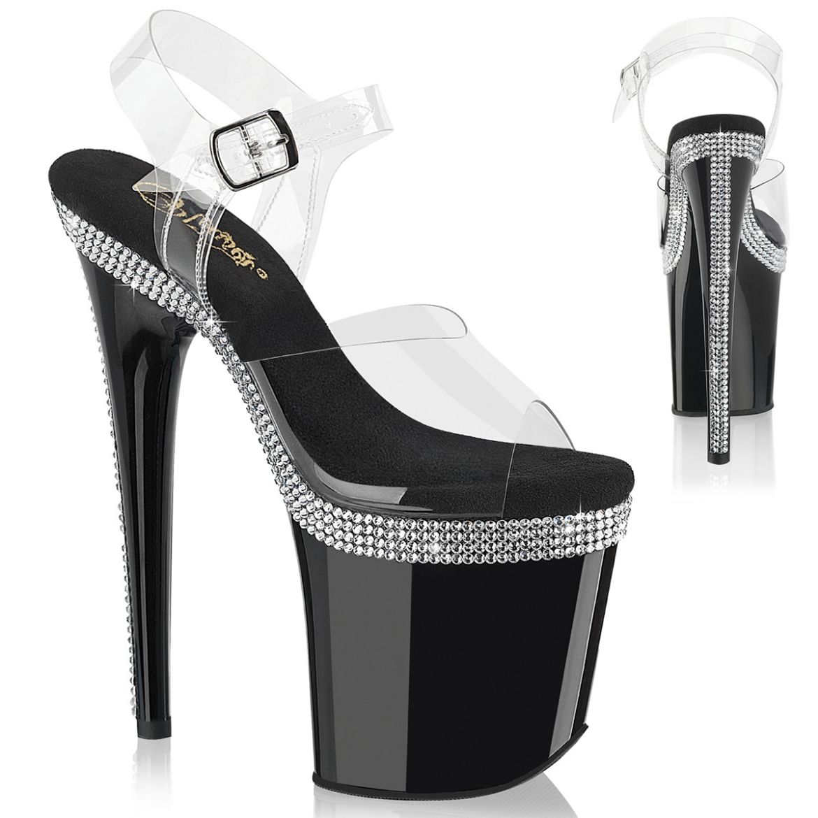 Product image of Pleaser FLAMINGO-808MLS Clr/Blk 8 Inch Heel 4 Inch PF Ankle Strap Sandal w/ RS Lines