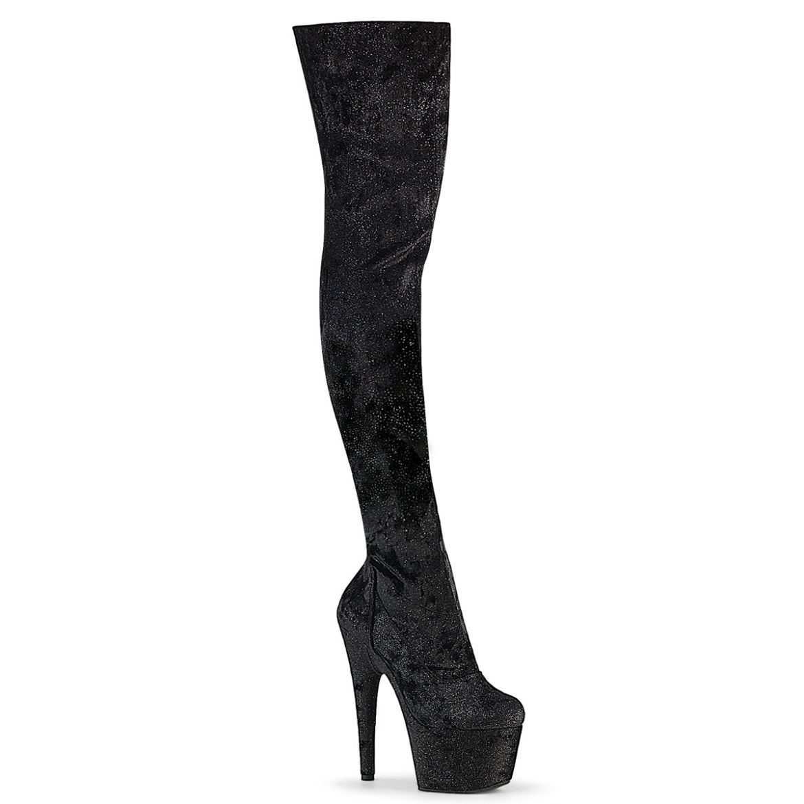 Product image of Pleaser ADORE-3000WR Blk Shimmering Fabric/Blk 7 Inch Heel 2 3/4 Inch PF Stretch Thigh Boot Side Zip