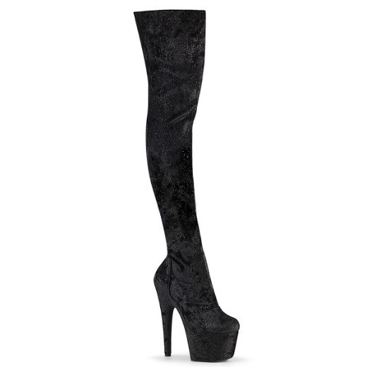 Product image of Pleaser ADORE-3000WR Blk Shimmering Fabric/Blk 7 Inch Heel 2 3/4 Inch PF Stretch Thigh Boot Side Zip
