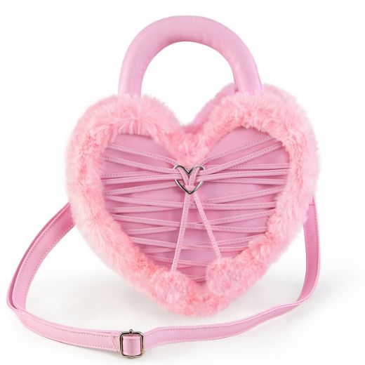 Product image of Demoniacult HB-631 B. PINK VEGAN LEATHER-FAUX FUR Faux Leather & Fur Heart Shaped Convertible 20x24x8cm Purse