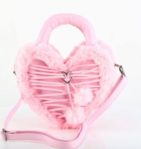 Product image of Demoniacult HB-631 B. PINK VEGAN LEATHER-FAUX FUR Faux Leather & Fur Heart Shaped Convertible 20x24x8cm Purse