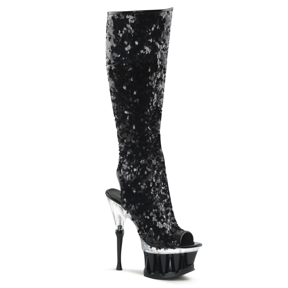 Product image of Pleaser SPIKY-2019 Blk Sequins/Blk *6 1/2 Inch Heel 2 3/4 Inch PF Open Toe/Back Sequins Knee Boot