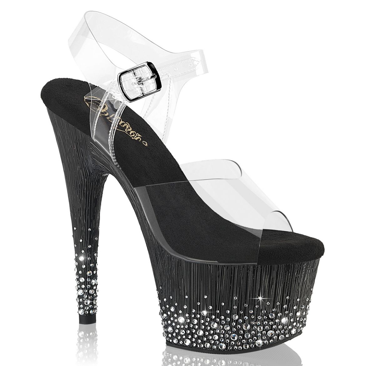 Product image of Pleaser ADORE-708SPKL-01 Clr/Blk-Slv RS 7 Inch Heel 2 3/4 Inch PF Ankle Strap Sandal w/ Sprinkle RS