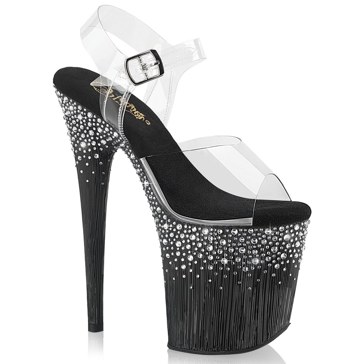 Product image of Pleaser FLAMINGO-808SPKL-02 Clr/Blk-Slv RS 8 Inch Heel 4 Inch PF Ankle Strap Sandal w/ Sprinkle RS