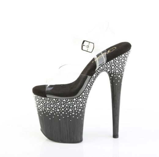 Product image of Pleaser FLAMINGO-808SPKL-02 Clr/Blk-Slv RS 8 Inch Heel 4 Inch PF Ankle Strap Sandal w/ Sprinkle RS