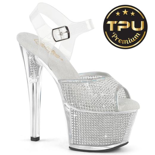 Product image of Pleaser SKY-308PREM-RSNT Clr TPU-Slv RS/Slv SRS 7 Inch Heel 2 3/4 Inch PF Rhinestone Net Ankle Strap Sandal