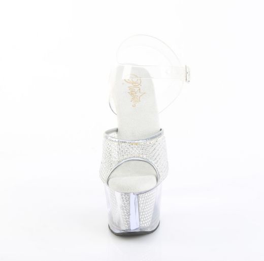 Product image of Pleaser SKY-308PREM-RSNT Clr TPU-Slv RS/Slv SRS 7 Inch Heel 2 3/4 Inch PF Rhinestone Net Ankle Strap Sandal