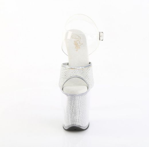 Product image of Pleaser FLAMINGO-808PREM-RSN Clr TPU-Slv RS/Slv SRS 8 Inch Heel 4 Inch PF Rhinestone Net Ankle Strap Sandal