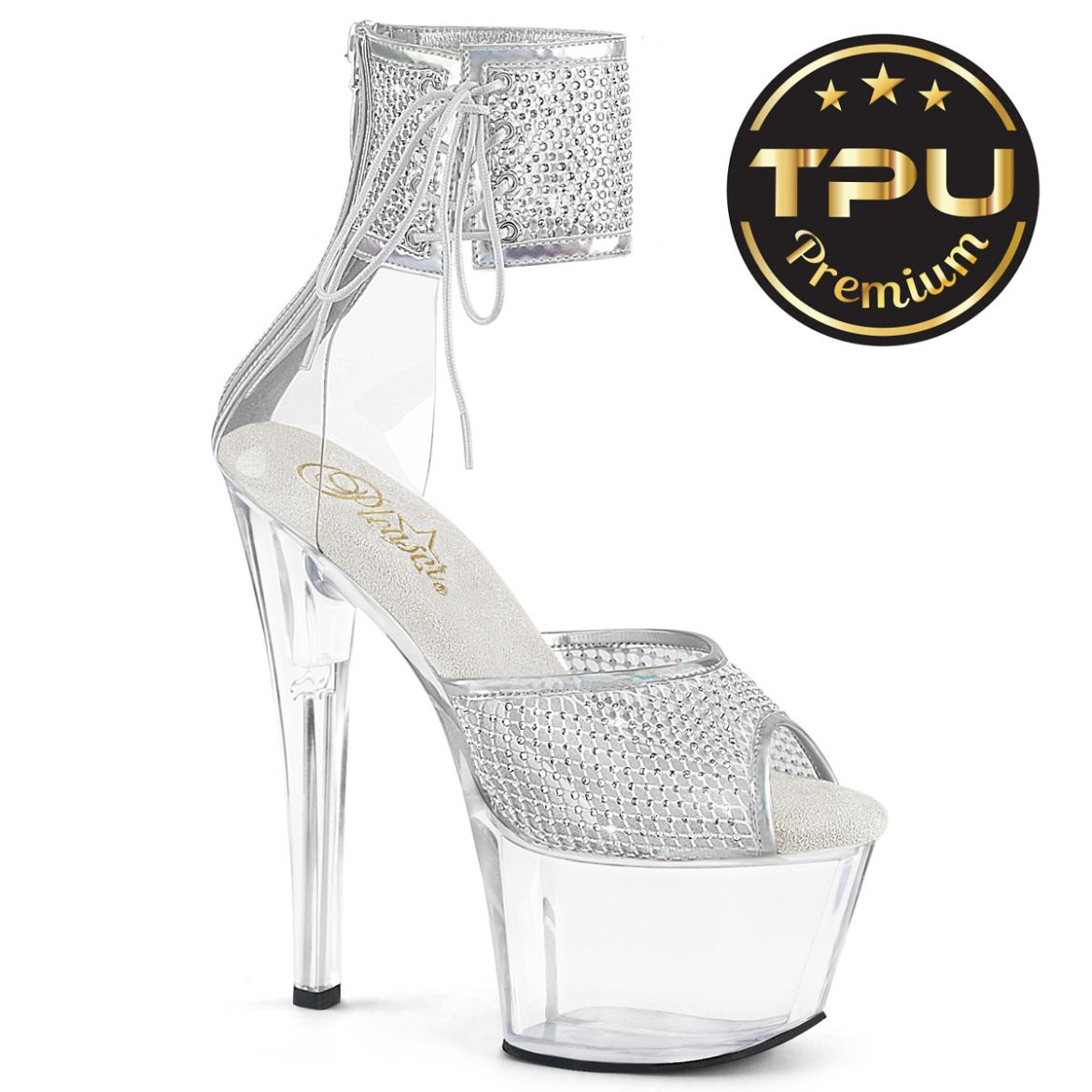 Product image of Pleaser SKY-324PREM-RSNT Clr TPU-Slv RS/Clr 7 Inch Heel 2 3/4 Inch PF Ankle Cuff Sandal w/RS Back Zip