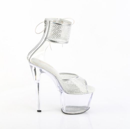Product image of Pleaser SKY-324PREM-RSNT Clr TPU-Slv RS/Clr 7 Inch Heel 2 3/4 Inch PF Ankle Cuff Sandal w/RS Back Zip