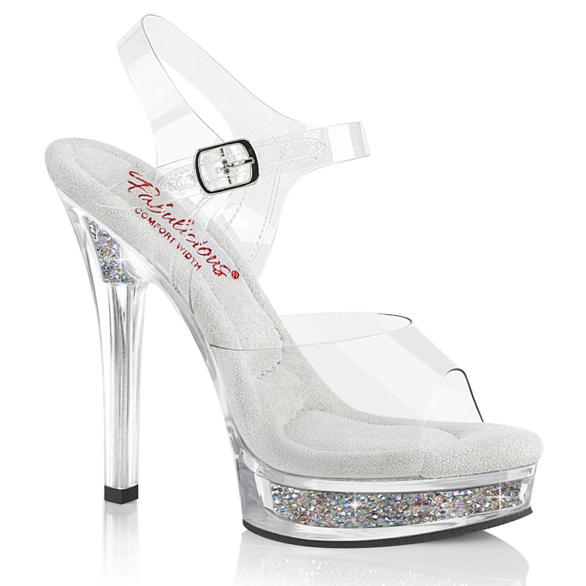 Product image of Fabulicious MAJESTY-508RSI Clr/Clr-Slv AB RS 5 Inch Heel 7/8 Inch PF Ankle Strap Sandal w/ RS Inserts