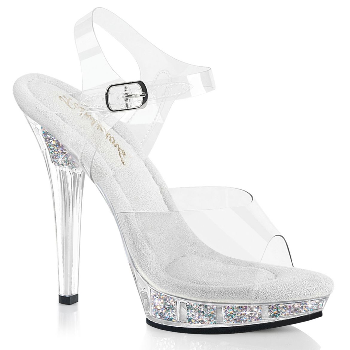 Product image of Fabulicious LIP-108RSI Clr/Clr-Slv AB RS 5 Inch Heel 3/4 Inch PF Ankle Strap Sandal w/ RS Inserts