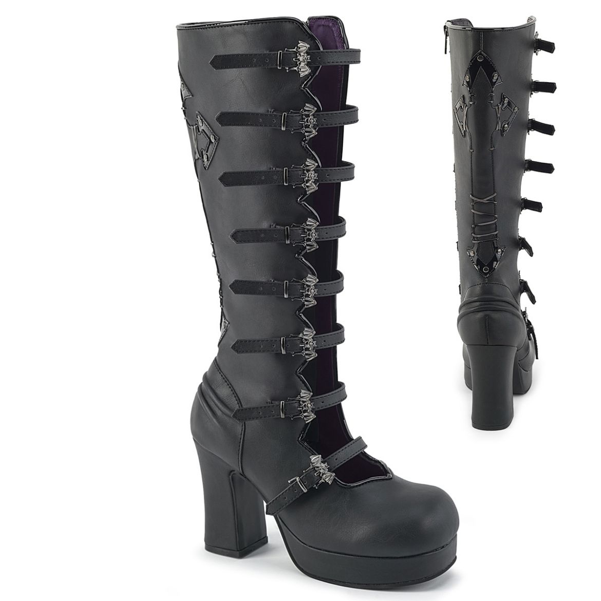 Product image of Demoniacult GOTHIKA-160 Blk Vegan Leather 3 3/4 Inch Heel 1 1/4 Inch PF Open Front Knee High BT Side Zip