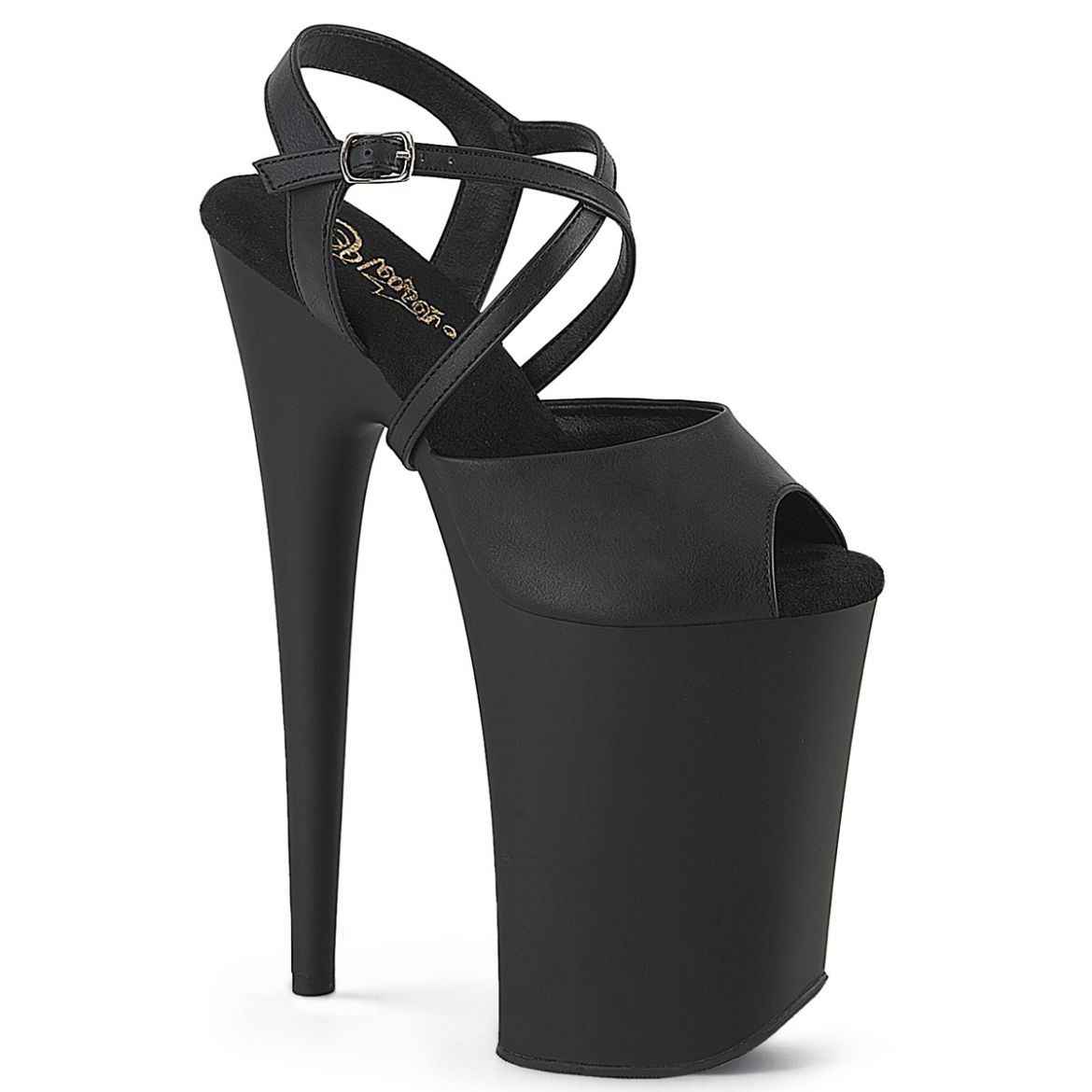 Product image of Pleaser INFINITY-924 Blk Faux Leather/Blk Matte 9 Inch Heel 5 1/4 Inch PF Criss Cross Ankle Strap Sandal