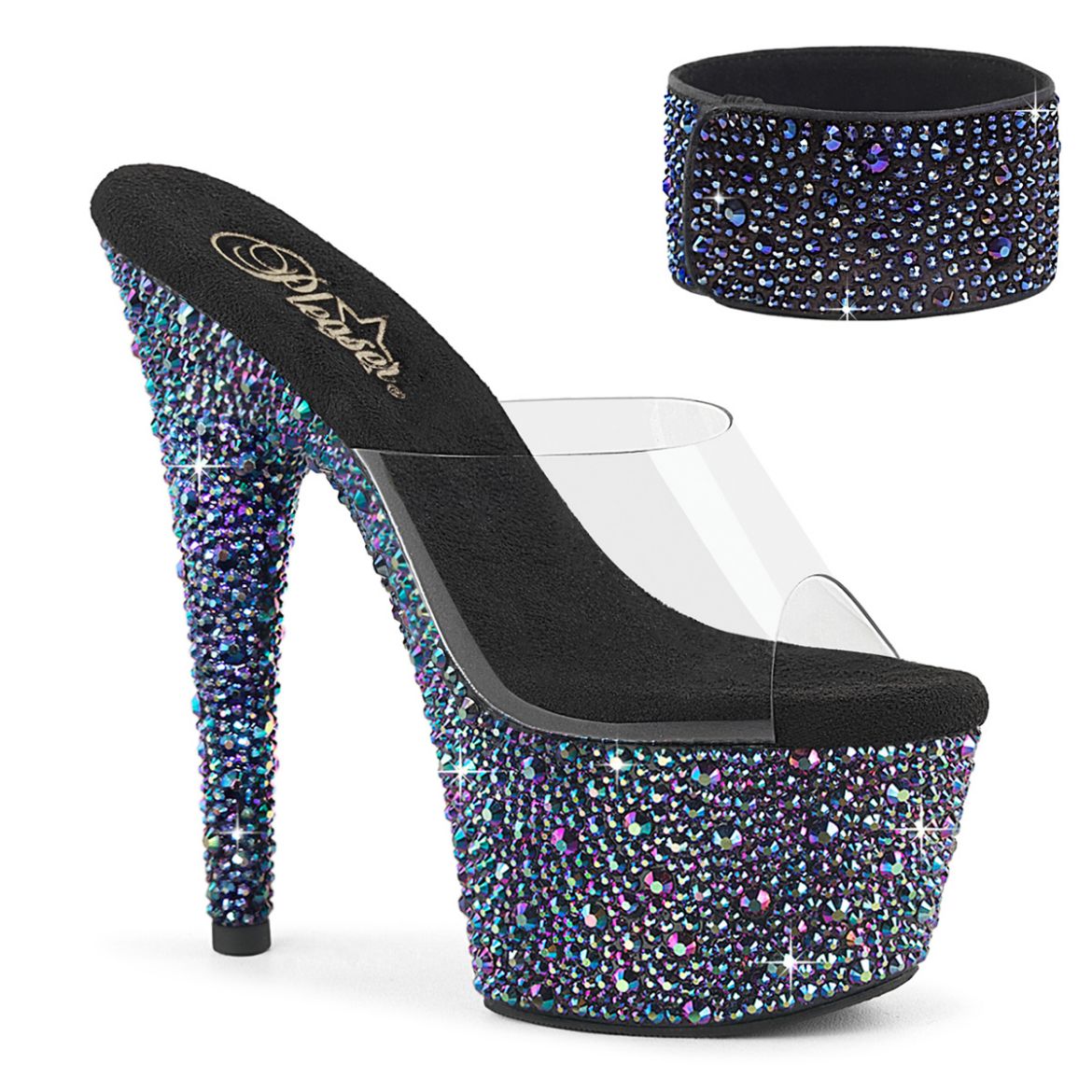 Product image of Pleaser BEJEWELED-712MS Clr/Blk Multi RS 7 Inch Heel 2 3/4 Inch PF RS Encrusted Slide w/Matching Cuff