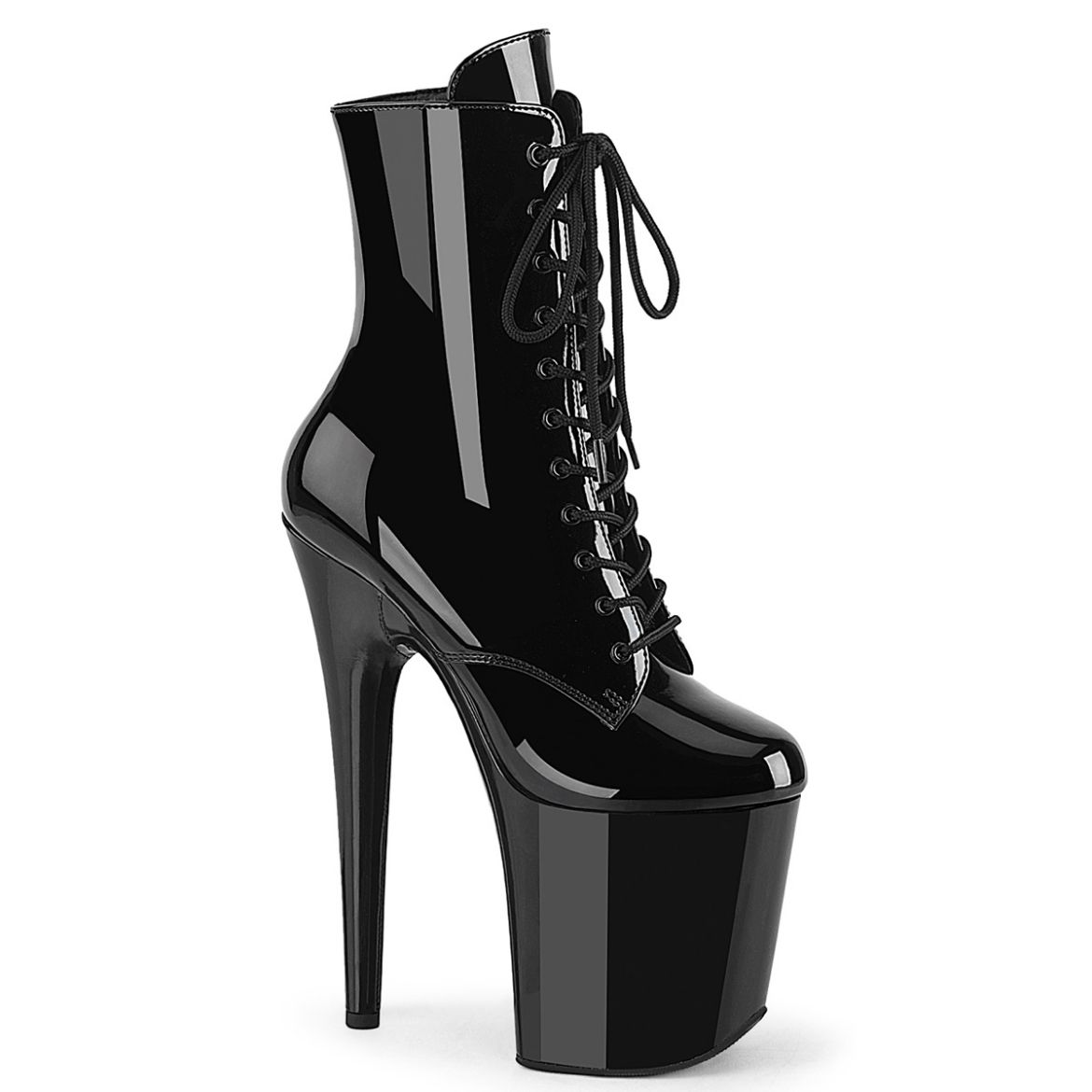 Product image of Pleaser FLAMINGO-1020WR Blk Pat/Blk 8 Inch Heel 4 Inch PF Lace-Up Front Ankle Boot Side Zip