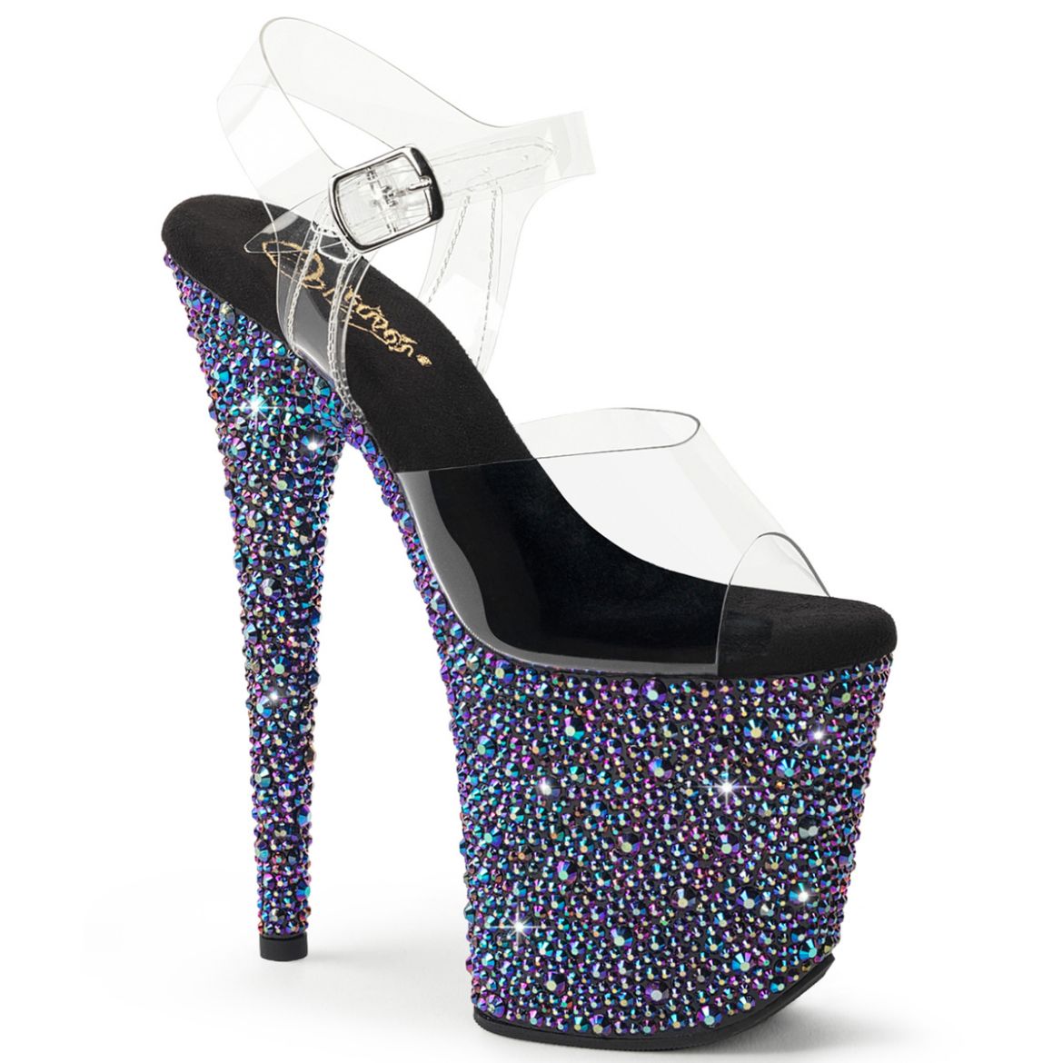Product image of Pleaser BEJEWELED-808MS Clr/Blk Multi RS 8 Inch Heel 4 Inch PF Ankle Strap Sandal w/Multi Sized RS