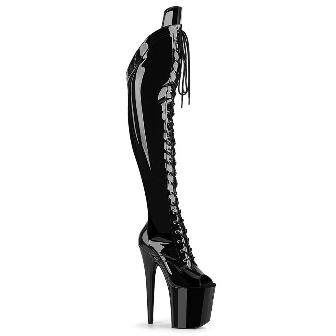 Product image of Pleaser FLAMINGO-3016 Blk pat/Blk 8 Inch Heel 4 Inch PF Peep Toe Lace-Up Front OTK Boot 2/3 Side Zip
