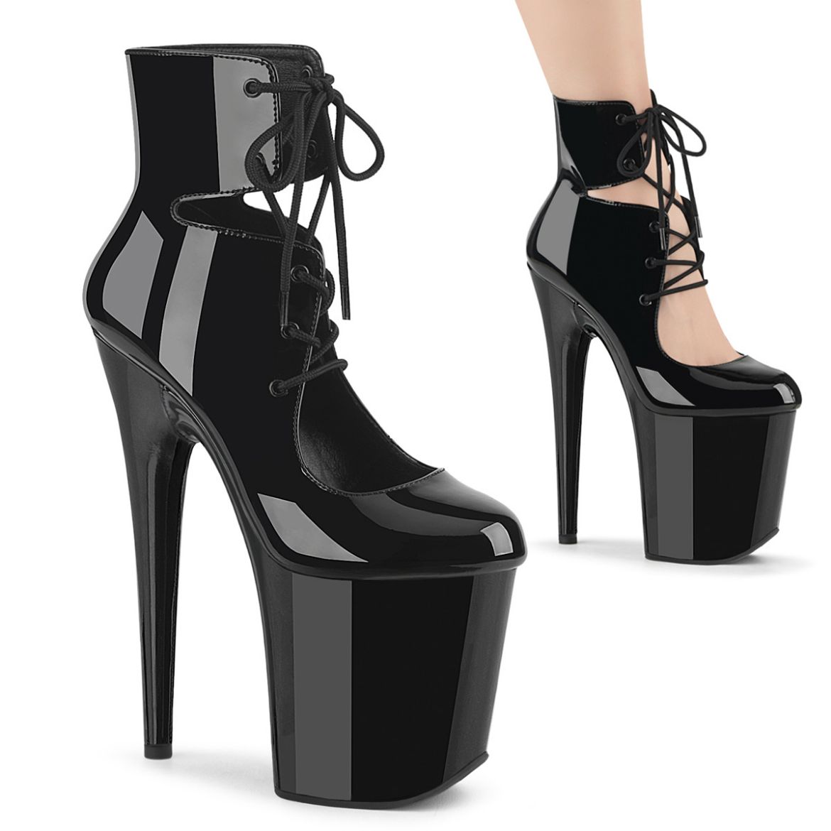 Product image of Pleaser FLAMINGO-800-22 Blk Pat/Blk 8 Inch Heel 4 Inch PF Lace-Up Front Bootie