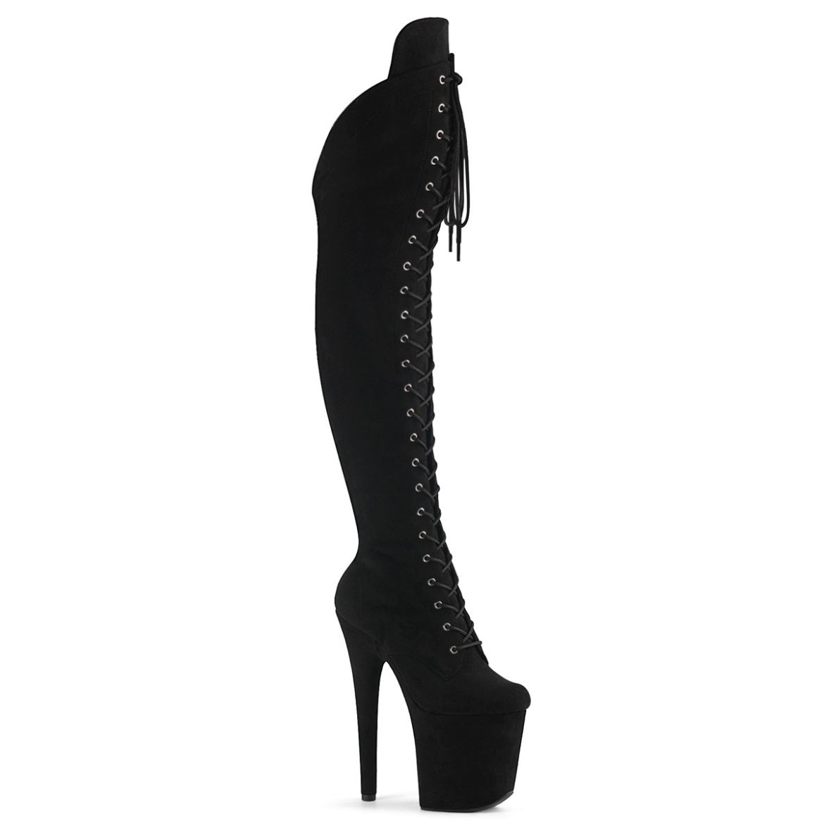 Product image of Pleaser FLAMINGO-3014FS Blk Faux Suede/Blk Faux Suede 8 Inch Heel 4 Inch PF Lace-Up Front OTK Boot 2/3 Side Zip