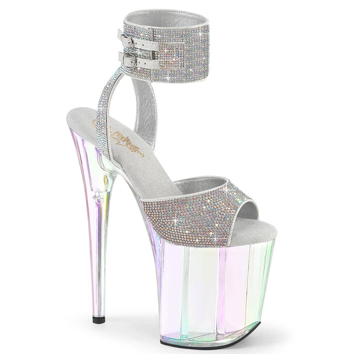 Product image of Pleaser FLAMINGO-891HTRS Slv AB RS-TPU/Holo Tinted 8 Inch Heel 4 Inch PF Ankle Cuff Sandal w/ RS