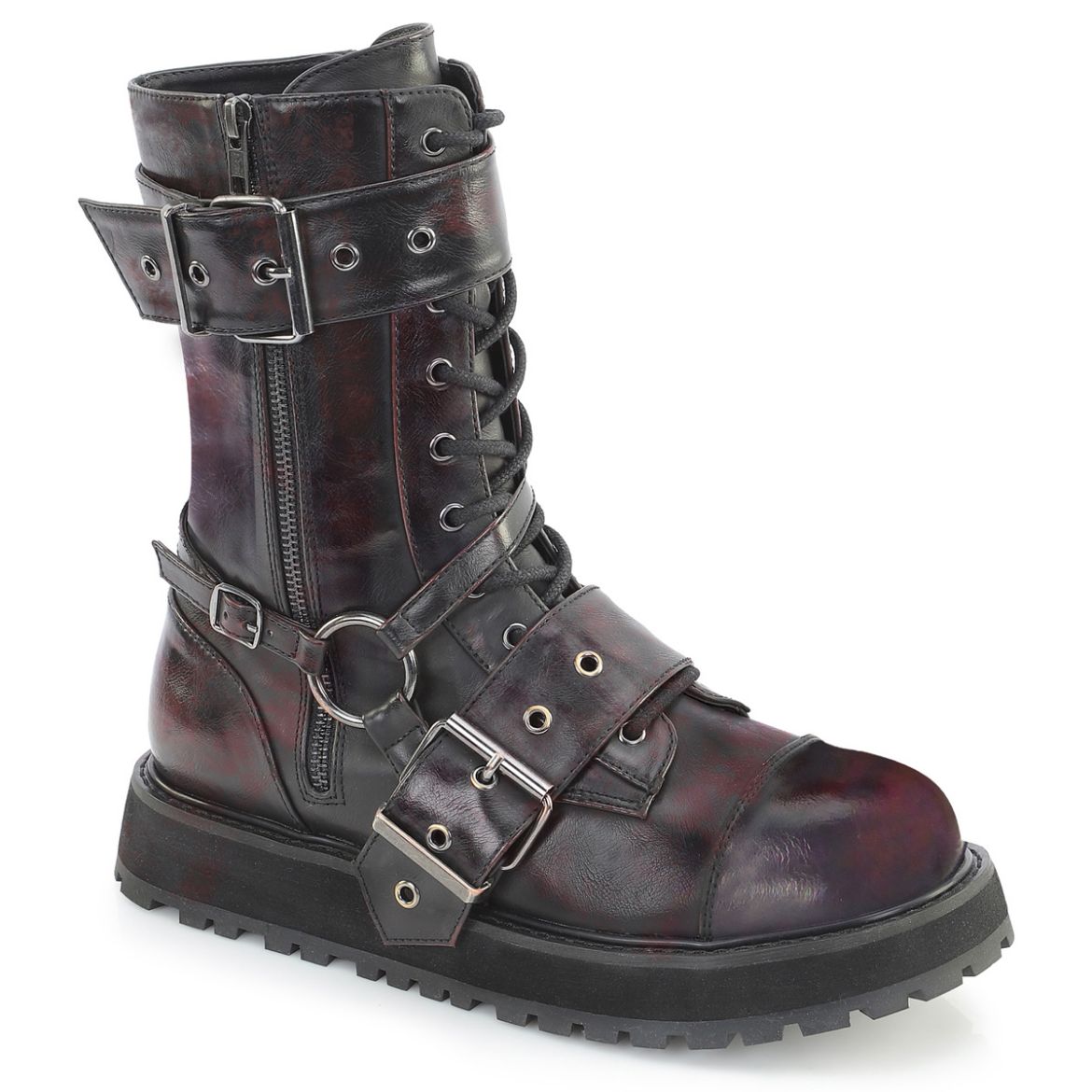 Product image of Demoniacult VALOR-220 Blk-Burgundy Rub-Off Vegan Leather 1 1/2 Inch Platform Lace-Up Mid-Calf Boot Side Zip