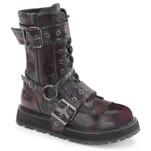 Product image of Demoniacult VALOR-220 Blk-Burgundy Rub-Off Vegan Leather 1 1/2 Inch Platform Lace-Up Mid-Calf Boot Side Zip