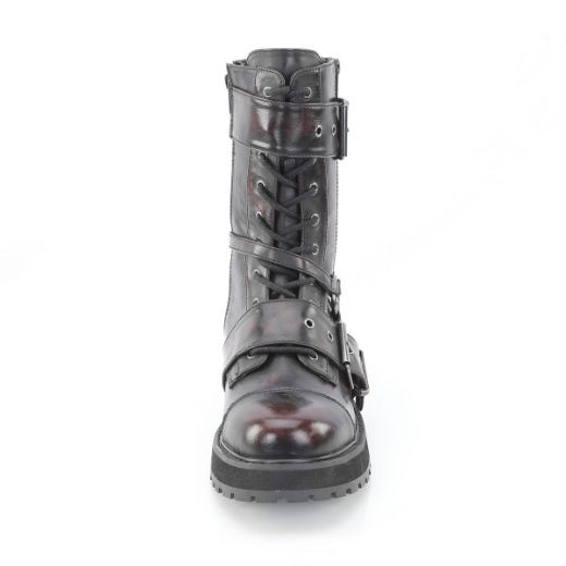 Product image of Demoniacult VALOR-220 Blk-Burgundy Rub-Off Vegan Leather 1 1/2 Inch Platform Lace-Up Mid-Calf Boot Side Zip