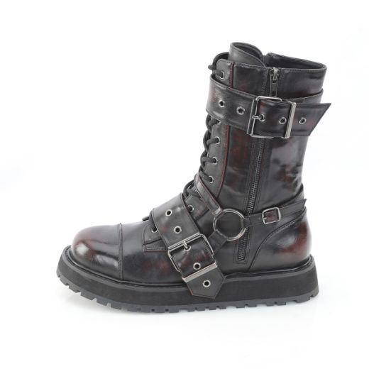 Product image of Demoniacult VALOR-220 Blk-Burgundy Rub-Off Vegan Leather 1 1/2 Inch Platform Lace-Up Mid-Calf Boot Side Zip