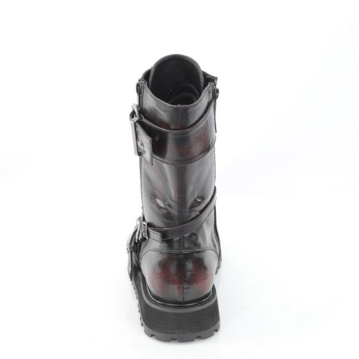 Product image of Demoniacult VALOR-220 Blk-Burgundy Rub-Off Vegan Leather 1 1/2 Inch Platform Lace-Up Mid-Calf Boot Side Zip