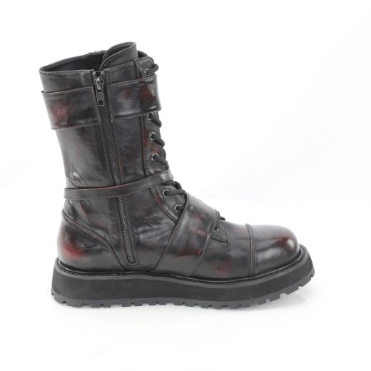 Product image of Demoniacult VALOR-220 Blk-Burgundy Rub-Off Vegan Leather 1 1/2 Inch Platform Lace-Up Mid-Calf Boot Side Zip