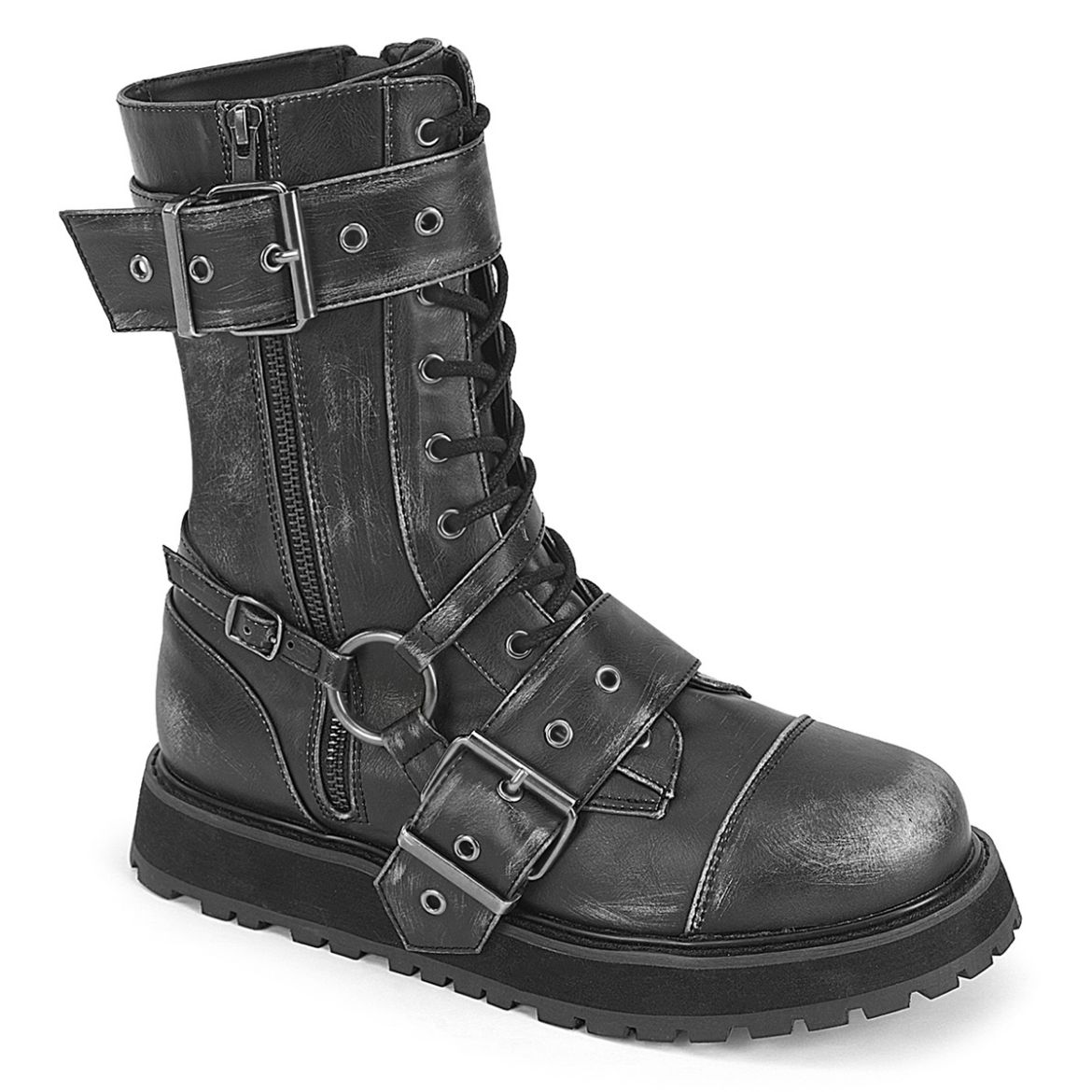 Product image of Demoniacult VALOR-220 Blk-Silver Rub-Off Vegan Leather 1 1/2 Inch Platform Lace-Up Mid-Calf Boot Side Zip