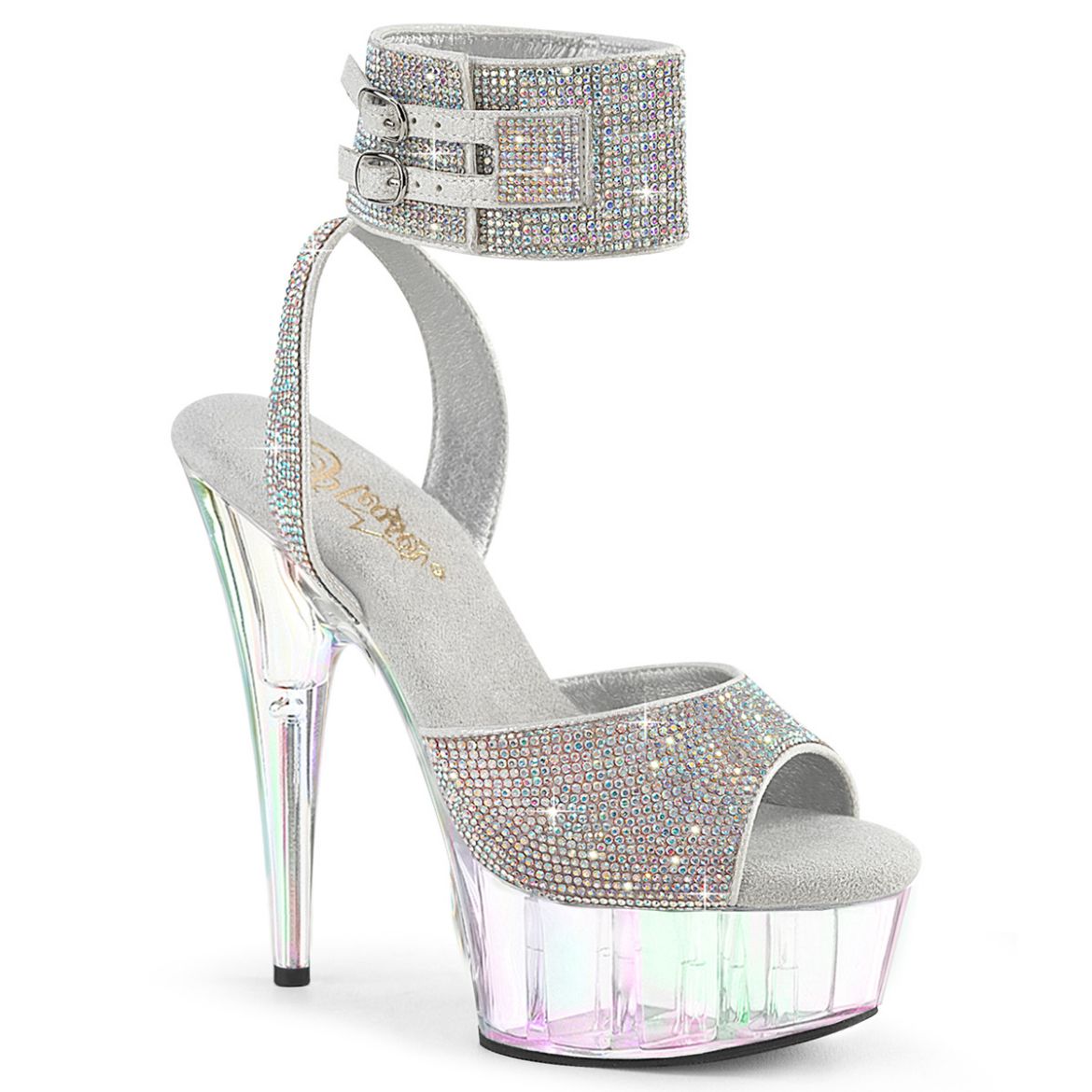 Product image of Pleaser DELIGHT-691HTRS Slv AB RS-TPU/Holo Tinted 6 Inch Heel 1 3/4 Inch PF Ankle Cuff Sandal w/ RS