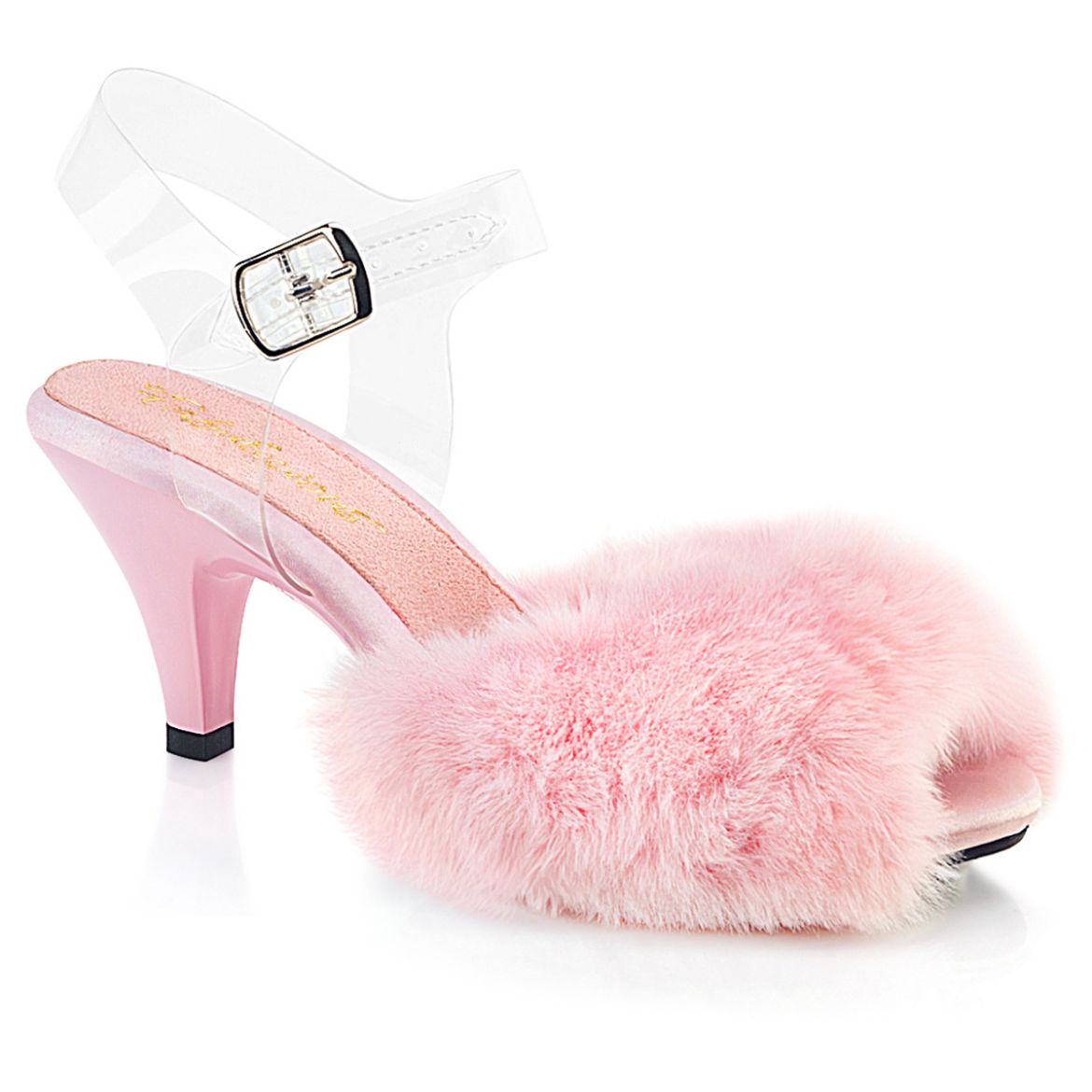 Product image of Fabulicious BELLE-308FUR B. Pink Faux Fur-Clr TPU/B.Pink 3 Inch Heel 1/8 Inch Mini PF Ankle Strap Sandal w/Fur Upper