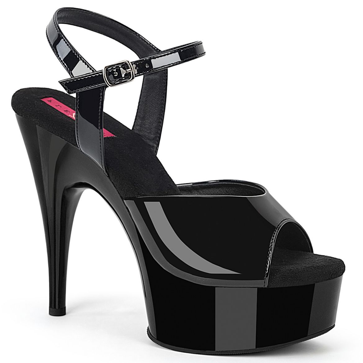 Product image of Pleaser Pink Label REVEL-609 Blk Pat/Blk 6 Inch Heel 1 1/2 Inch PF Ankle Strap Sandal