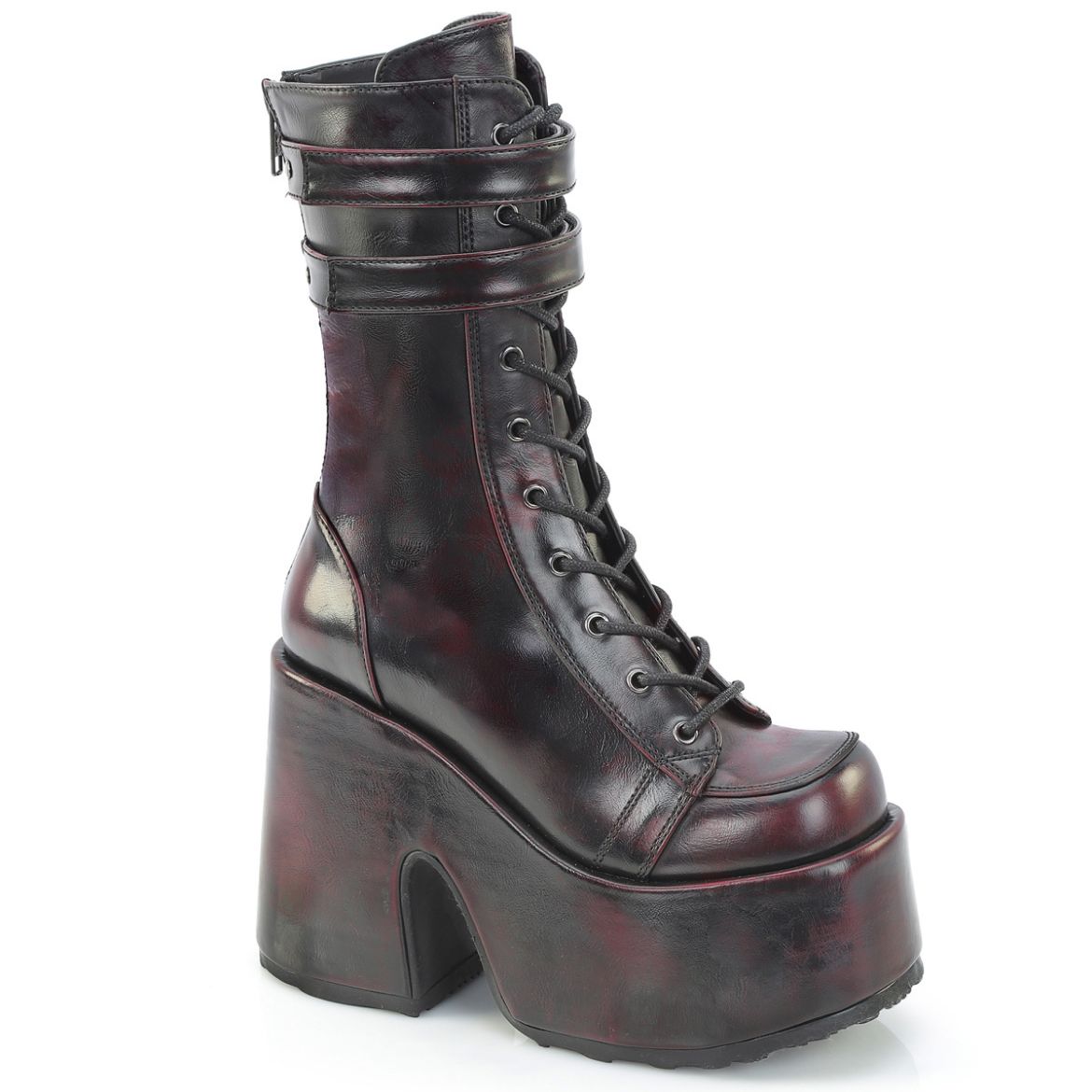 Product image of Demoniacult CAMEL-250 Blk-Burgundy Rub-Off Vegan Leather 5 Inch Chunky Heel 3 Inch P/F Lace-Up Mid-Calf Boot Back Zip