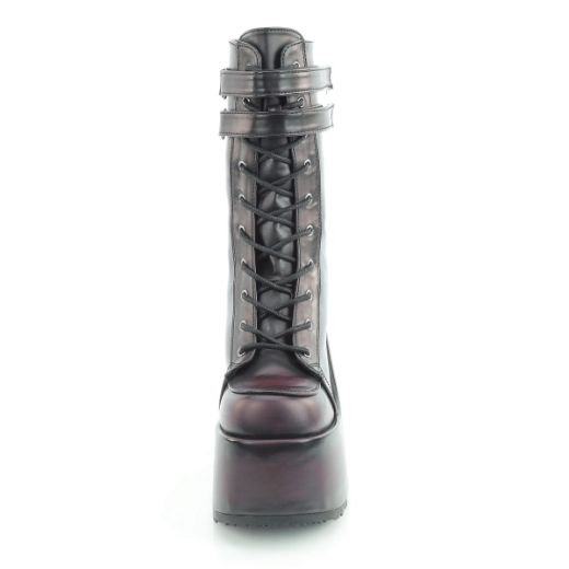 Product image of Demoniacult CAMEL-250 Blk-Burgundy Rub-Off Vegan Leather 5 Inch Chunky Heel 3 Inch P/F Lace-Up Mid-Calf Boot Back Zip
