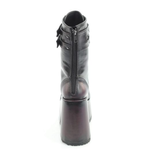 Product image of Demoniacult CAMEL-250 Blk-Burgundy Rub-Off Vegan Leather 5 Inch Chunky Heel 3 Inch P/F Lace-Up Mid-Calf Boot Back Zip