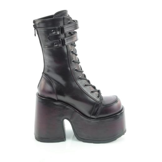 Product image of Demoniacult CAMEL-250 Blk-Burgundy Rub-Off Vegan Leather 5 Inch Chunky Heel 3 Inch P/F Lace-Up Mid-Calf Boot Back Zip