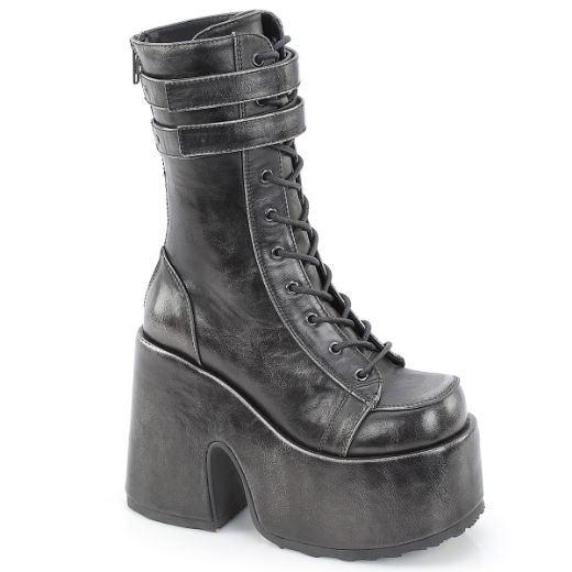 Product image of Demoniacult CAMEL-250 Blk-Silver Rub-Off Vegan Leather 5 Inch Chunky Heel 3 Inch P/F Lace-Up Mid-Calf Boot Back Zip