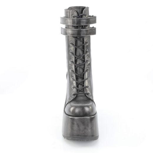 Product image of Demoniacult CAMEL-250 Blk-Silver Rub-Off Vegan Leather 5 Inch Chunky Heel 3 Inch P/F Lace-Up Mid-Calf Boot Back Zip