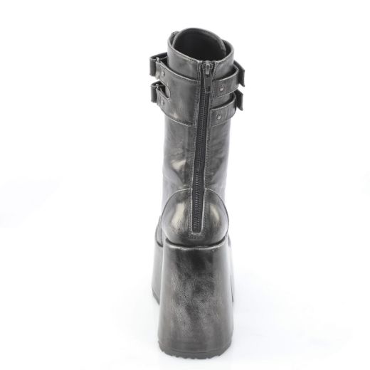 Product image of Demoniacult CAMEL-250 Blk-Silver Rub-Off Vegan Leather 5 Inch Chunky Heel 3 Inch P/F Lace-Up Mid-Calf Boot Back Zip