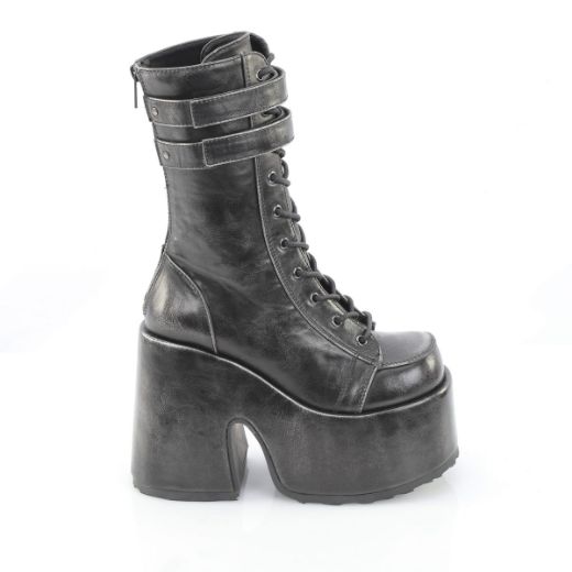 Product image of Demoniacult CAMEL-250 Blk-Silver Rub-Off Vegan Leather 5 Inch Chunky Heel 3 Inch P/F Lace-Up Mid-Calf Boot Back Zip