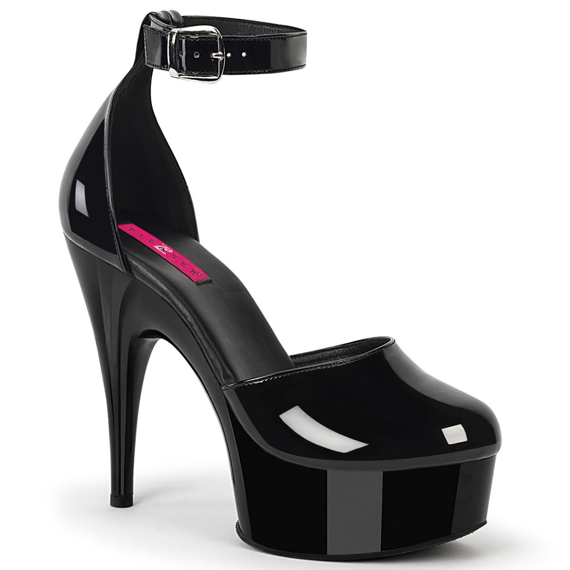 Product image of Pleaser Pink Label REVEL-688 Blk Pat/Blk 6 Inch Heel 1 1/2 Inch PF Close Back Ankle Strap d'Orsay Pump