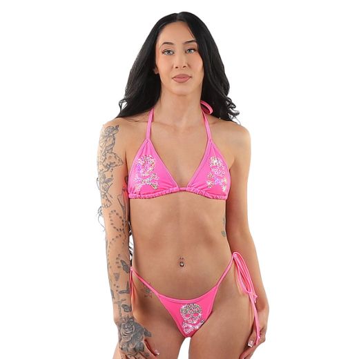 Product image of Pleaser Dancewear FANTASY-02RS Neon Pink Rhinestone Skull & Crossbones Embellished String Bikini Set