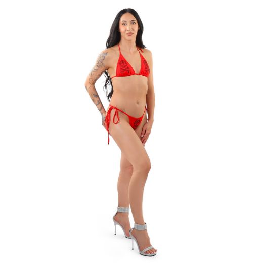 Product image of Pleaser Dancewear FANTASY-02RS Red Rhinestone Skull & Crossbones Embellished String Bikini Set